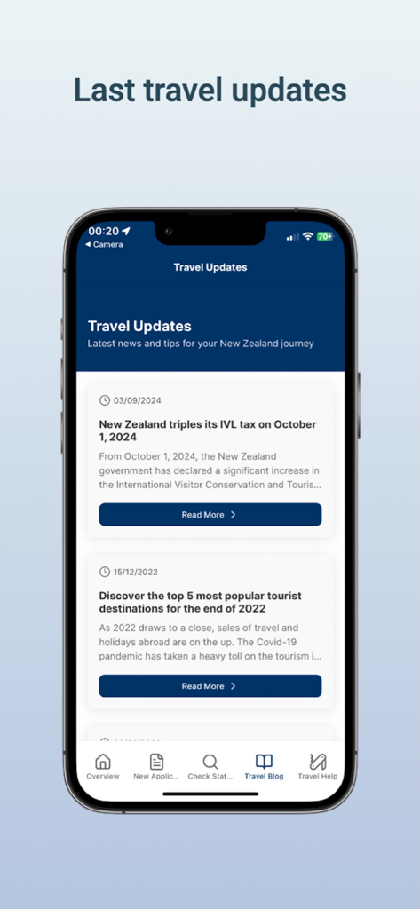 Pantalla de actualizaciones de viaje de la aplicación Asistente NZeTA que muestra las últimas noticias para viajeros a Nueva Zelanda