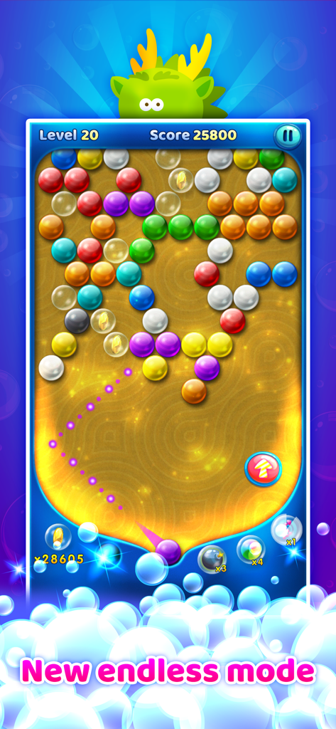 Bubble Mania game interface showing the new endless mode gameplay at level 20