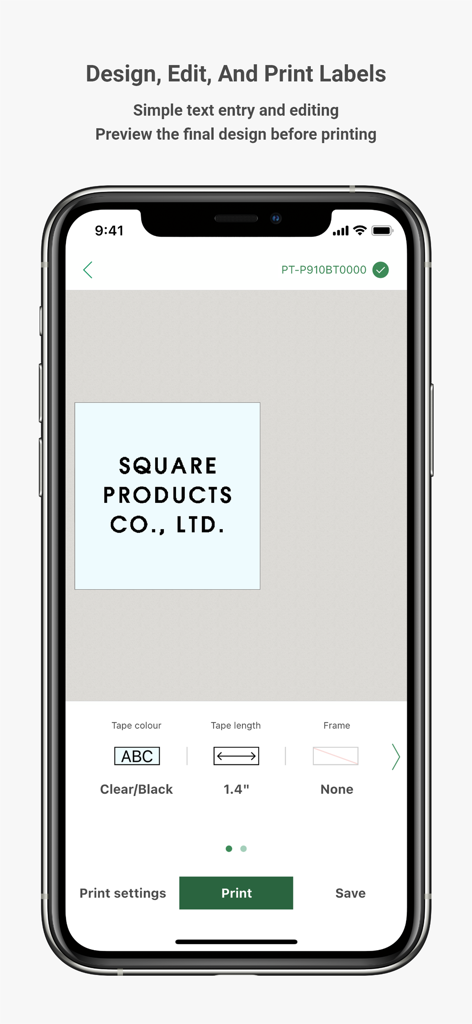 Brother P-touch Design&Print 2 - Brother P-touch Design and Print 2 app interface showing a custom label design for a business