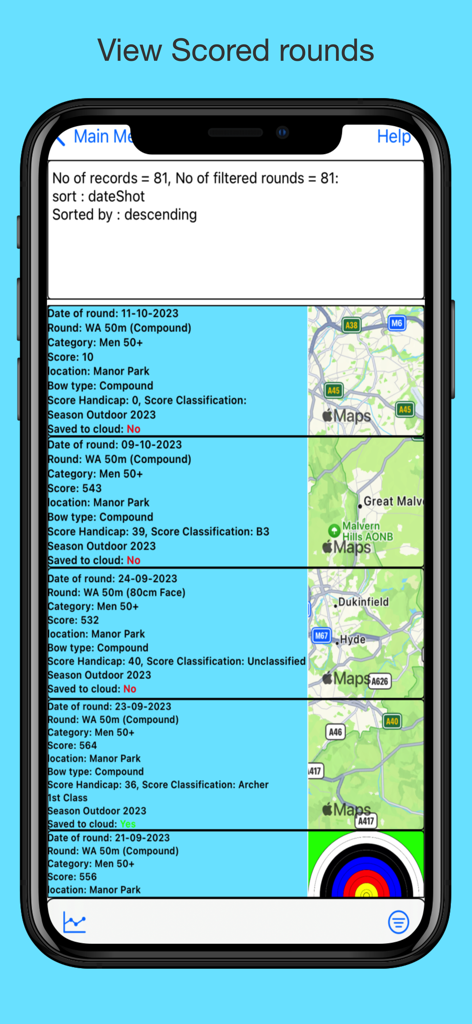 ArcheryLink - archerylink app showing a list of past archery competition scores and locations