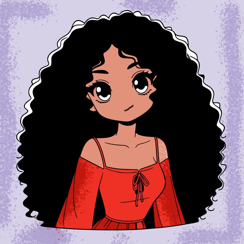 a black anime girl with long afro hair