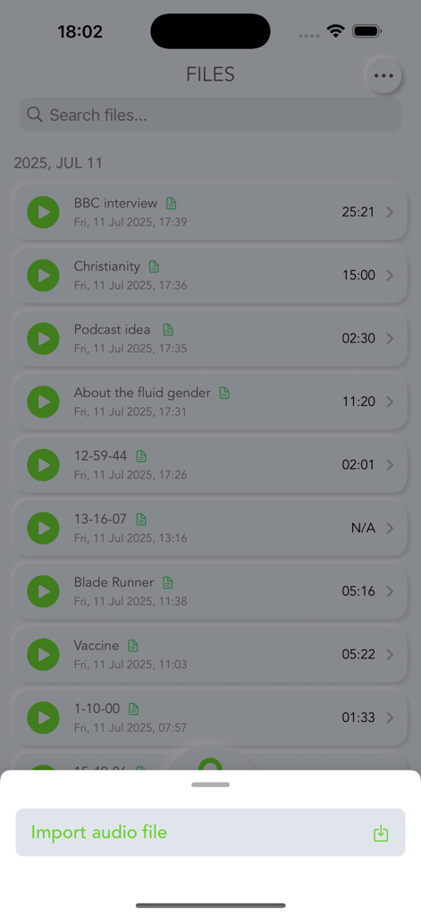 A list of voice recordings and transcriptions in the Talk Notes app showing an import audio file option.
