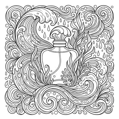 Immerse yourself in the fresh, clean essence of aquatic fragrances with this captivating coloring page. Designed specifically for teens, it features intricate patterns of stylized ocean waves, water elements, and a beautiful perfume bottle, perfect for a relaxing artistic escape.