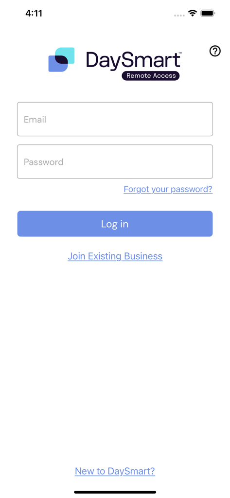 DaySmart Remote Access mobile App Login-Bildschirm mit E-Mail- und Passwortfeldern