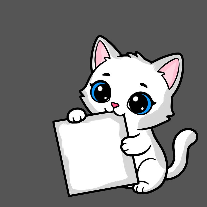 a small cat with a blank sheet of paper in its hand. the cat is sooooooo cute!