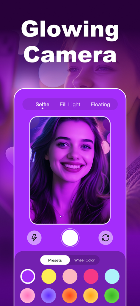 GlowCam Light:Selfie Camera - GlowCam app interface showing a woman with purple neon lighting and colorful preset options