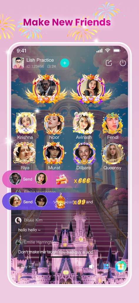 Wyak - A group voice chat interface in the Wyak app featuring user avatars with ornate gold frames and digital gift notifications over a fantasy castle background.