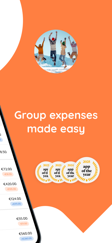 Splitser App-Promotion-Bildschirm mit dem Slogan Gruppenausgaben leicht gemacht mit App des Jahres-Auszeichnungen und Freunden auf einer Gruppenreise