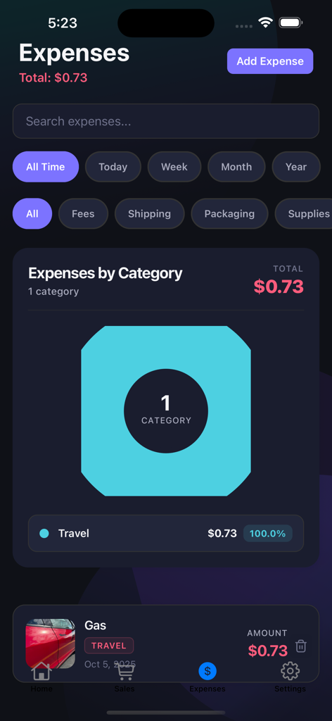 Profit Tracker - Made Simple - Mobile app screen showing expense tracking by category for reselling businesses
