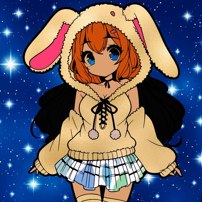pretty anime girl wearing a fluffy hoodie with bunny ears on the hood and a skirt