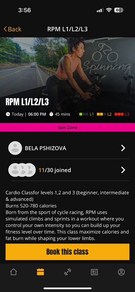 Booking screen for an RPM cycling class on the Fitness Map app
