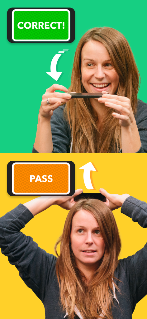 Heads Up! - Una mujer demostrando la mecánica del juego ¡Atención! inclinando su teléfono hacia abajo para una respuesta correcta y hacia arriba para pasar.