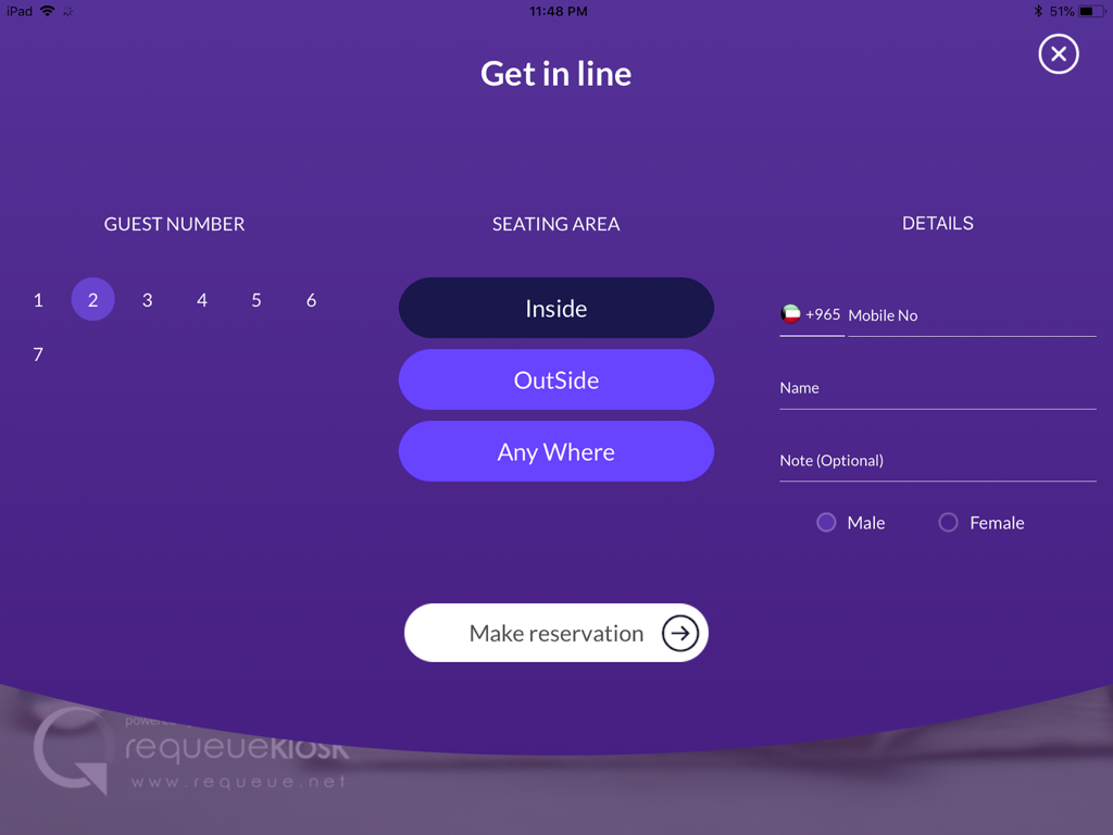 Registrierungsbildschirm für die virtuelle Warteliste von Requeue Kiosk für Restaurantgäste
