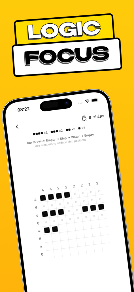 Interfaz de juego de acertijos de lógica minimalista en la pantalla de un iPhone que muestra la jugabilidad de deducción de barcos
