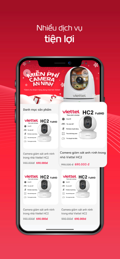 Viettel Home - Product catalog in the Viettel Home app showing several Viettel HC2 indoor security cameras with pricing and features listed in Vietnamese.