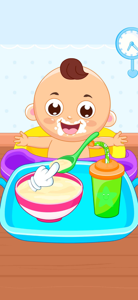 Take Care of a Baby Doll Games - A happy cartoon baby in a high chair being fed cereal with a spoon and a green cup nearby.