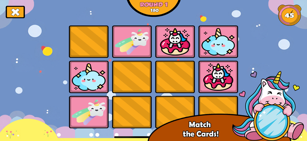 Unicorn Puzzle Game - Un colorido juego de memoria de emparejar cartas con temática de unicornios para niños que muestra fichas volteadas y no volteadas.