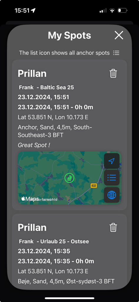 Ankerwache Pro - 地図表示と航海詳細付きの保存済みアンカー設置場所のリスト。Ankerwache Proアプリ内