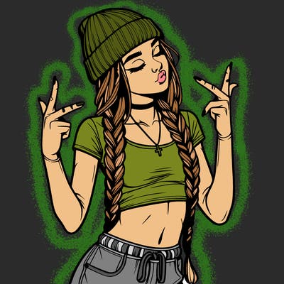 realistic teenage girl with braids and a beanie and crop top doing 🫶🏼