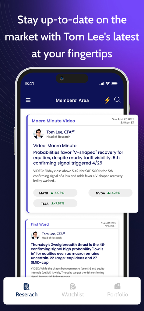 FS Insight - FS Insight mobile app interface showing stock market research reports and analyst insights from Tom Lee