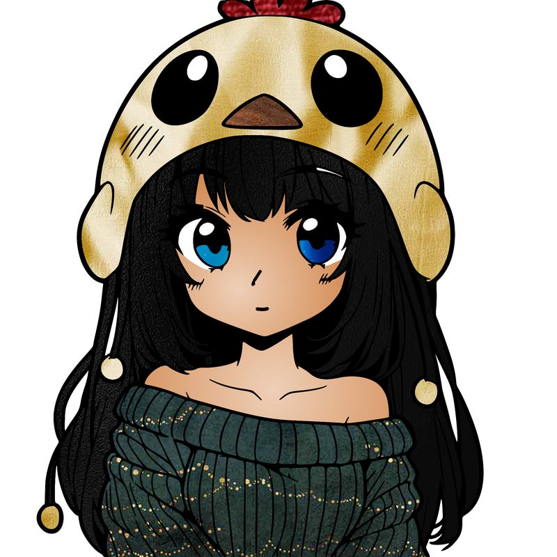 anime girl with chick shaped hat with sweater with bare shoulders with bangs covering them one eye with low tail