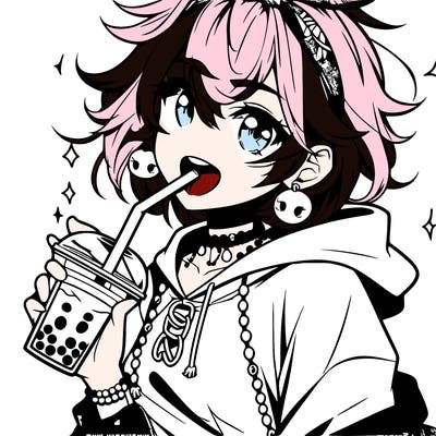 hot baddie anime girl drinking boba and biting the straw
