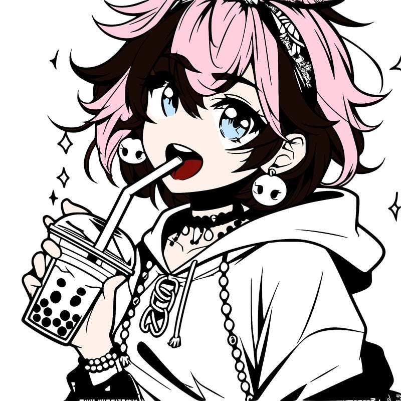 hot baddie anime girl drinking boba and biting the straw