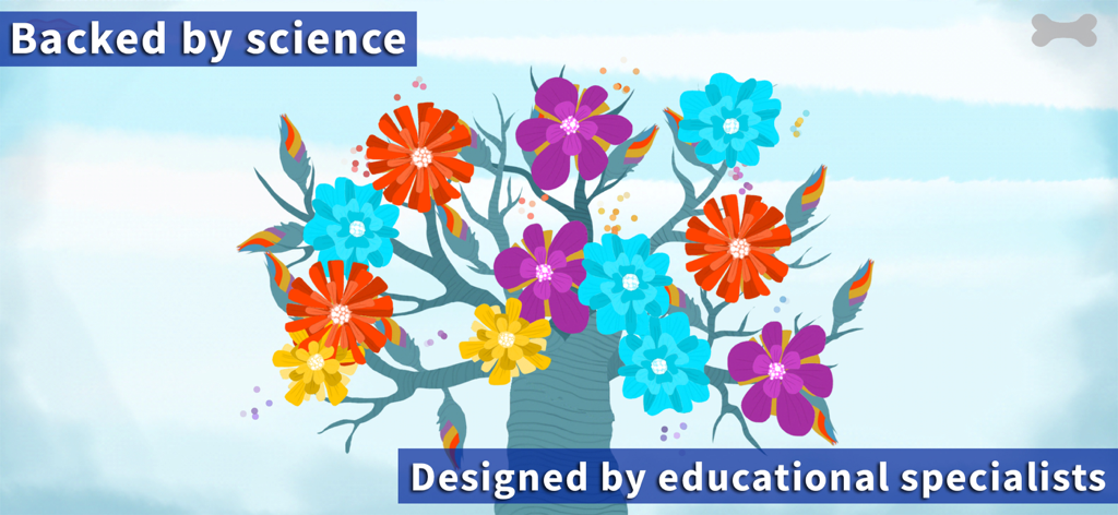 Un albero con fiori vivaci e testo che indica che l'app è supportata dalla scienza e progettata da specialisti dell'educazione