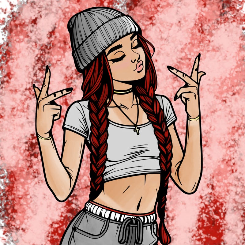 realistic teenage girl with braids and a beanie and crop top doing 🫶🏼