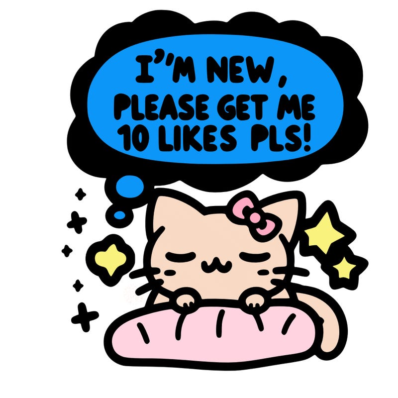 kitty taking a nap dream talking and saying "i'm new, please get me at least 10 likes pls!!"