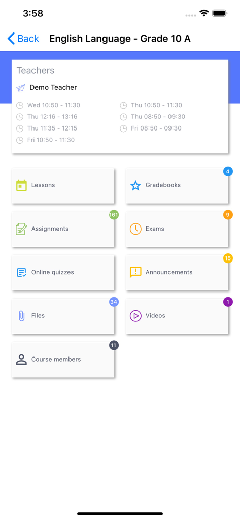 Livetop mobile app course dashboard for Grade 10 English showing teacher schedule and student academic resources