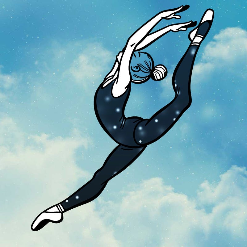 gymnast doing a leap in a leotard with a bent back leg