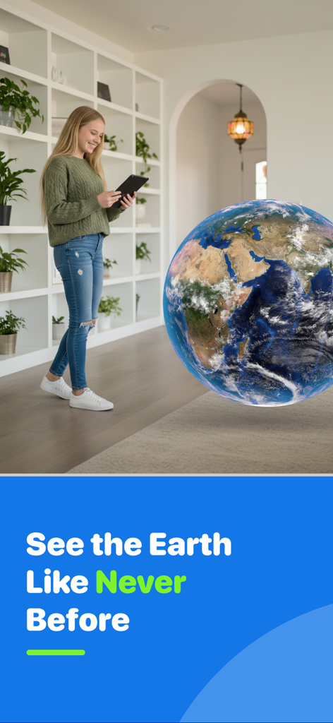 Geography Quiz: GeoGeek - Woman using a tablet to view a 3D augmented reality globe in a living room