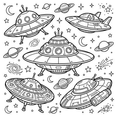 Get ready for an out-of-this-world coloring experience with our saucer-shaped UFOs! This fun page is packed with cosmic details, perfect for young space explorers.