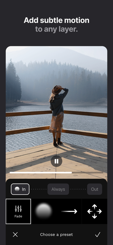 A screenshot of the LD app showing the motion layer tool with a cinematic photo of a woman by a lake