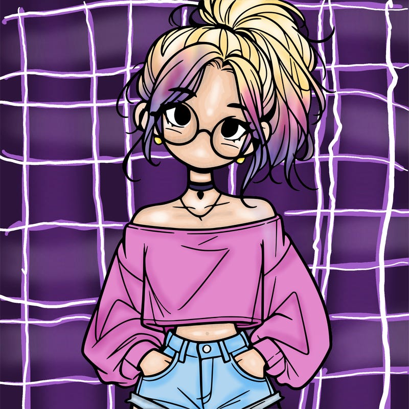 girl with a messy ponytail glasses a baggy crop top and jean shorts