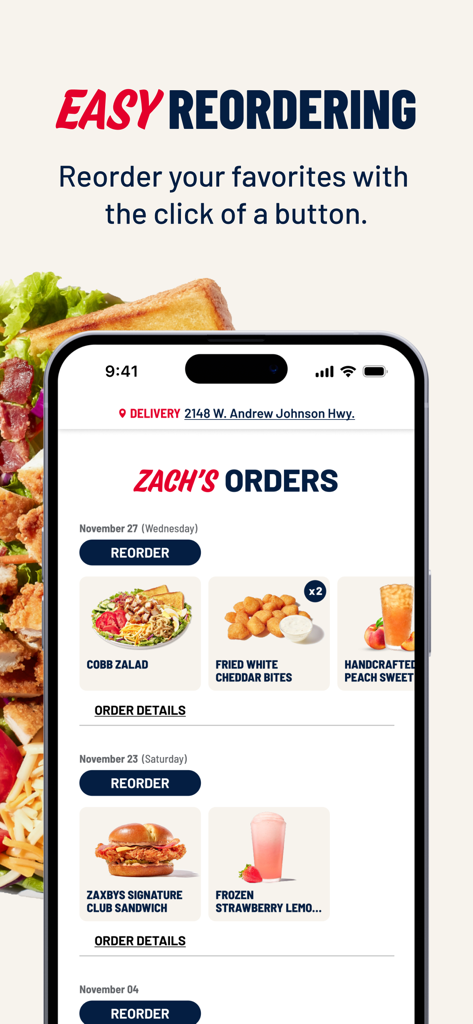 Zaxbys - A smartphone screen showing the Zaxbys app easy reordering feature with a list of previous orders.