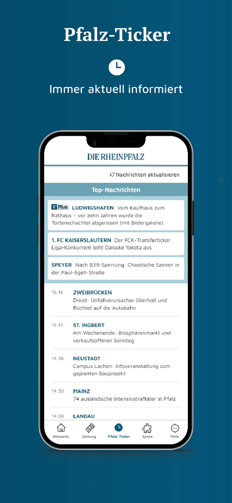DIE RHEINPFALZ – Nachrichten - Feed de noticias de Pfalz-Ticker en la pantalla de la aplicación móvil DIE RHEINPFALZ