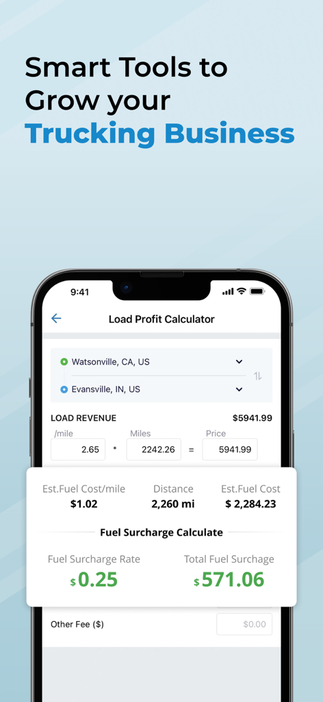 Trucker Path Load Board - Trucker Path app load profit calculator showing revenue and fuel cost estimates