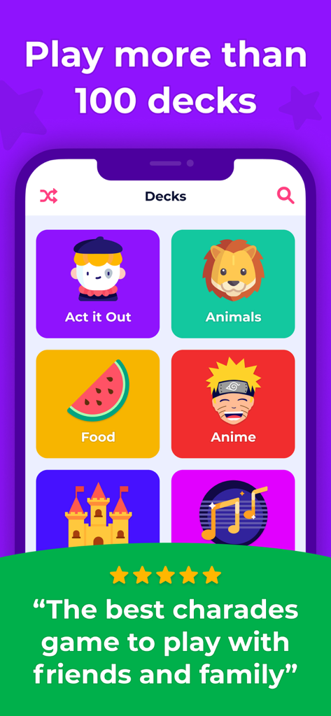 Guess Up app interface showing several themed game decks like Animals and Anime with a five star user review