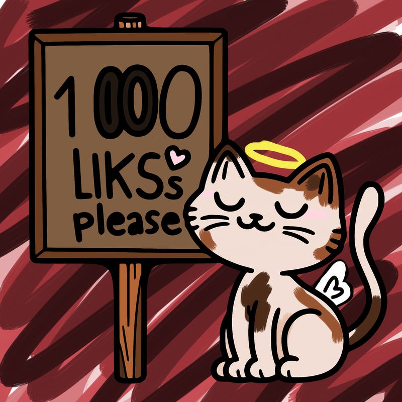a cat next to a sign that says 100 likes please
