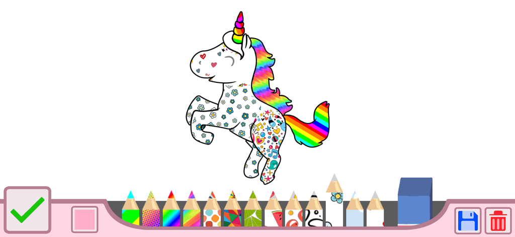 Página para colorear digital de un unicornio con cabello de arcoíris y lápices con patrones