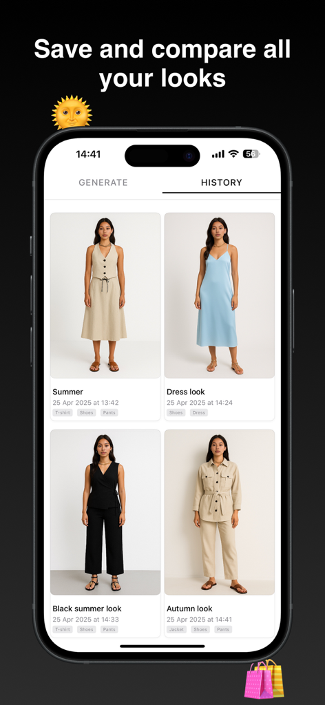 TryMe AI - Outfit Preview - Interface of TryMe AI app history showing saved virtual fashion outfits for comparison.