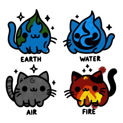 4 cats that represent the different elements, earth, water, air, and fire