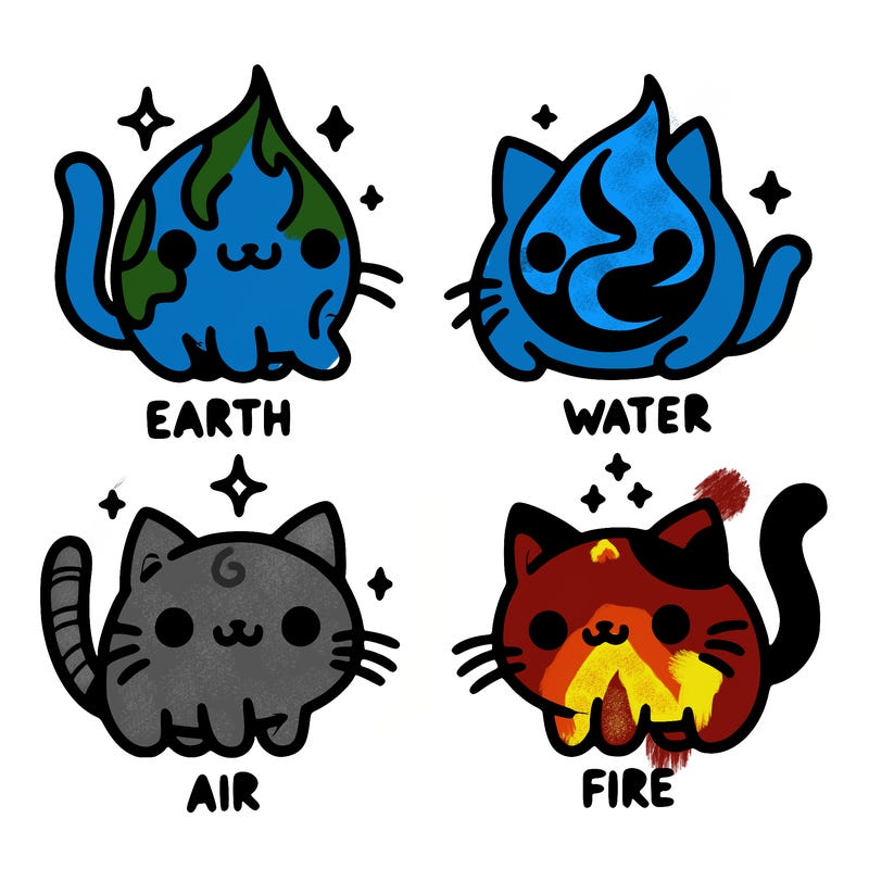 4 cats that represent the different elements, earth, water, air, and fire