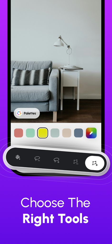 Interface of the Paint My Wall app showing color selection tools and a room interior with a sofa and lamp.