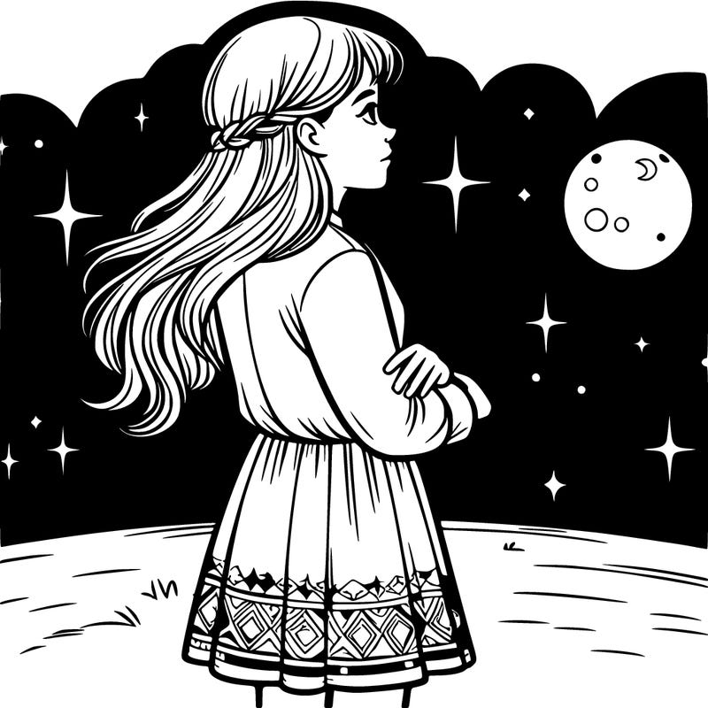 a realistic girl with long hair and a short dress  looks the night