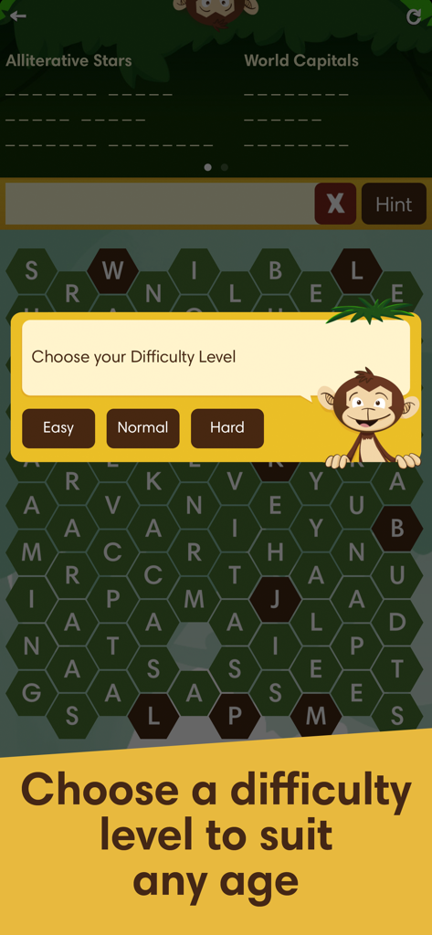 Tela de seleção de nível de dificuldade no Monkey Wrench Word Search com opções Fácil, Normal e Difícil sobre uma grade de palavras hexagonal.