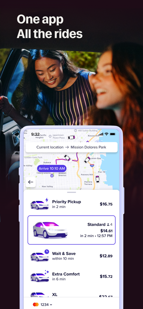Lyft app interface displaying various ride options and prices on a city map