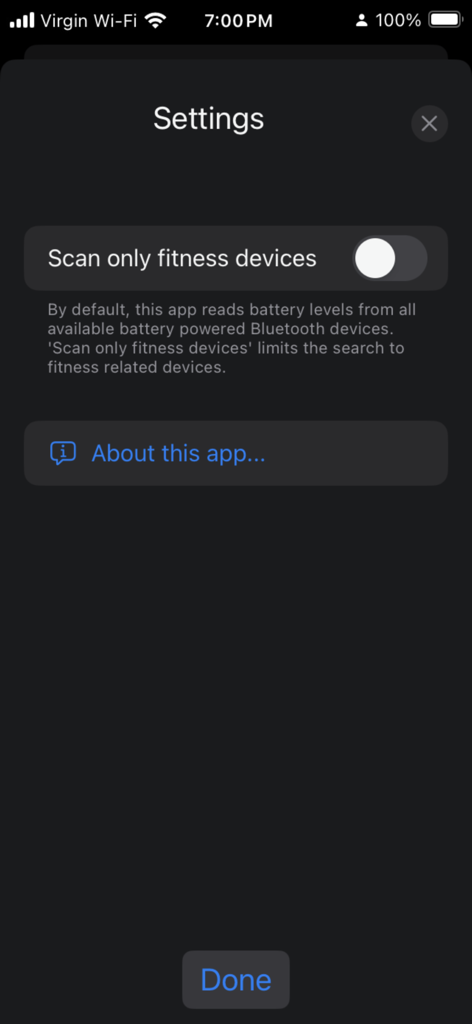 BattView - BattView app settings screen with a toggle switch to scan only fitness devices.